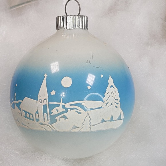 Shiny Brite Christmas Ornament Glass Blue Ombre Winter Village Church Tree Scene - Picture 2 of 10